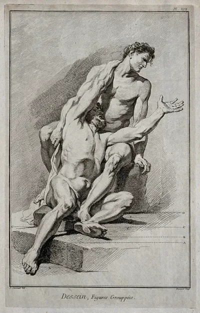 A bearded male nude figure with outstretched arms imploring a young seated male nude figure at whose feet he sits