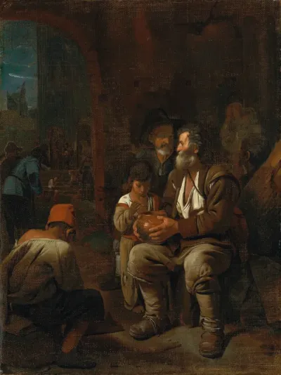 A bearded man and other figures before a city gate
