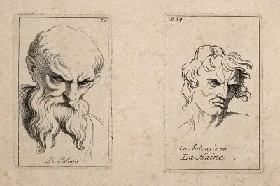 A bearded man glowering with jealousy (left) and a man expressing jealousy or hatred