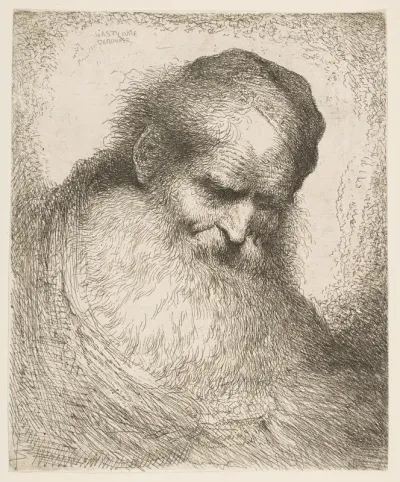 A bearded man wearing a cap looking down to the right, from "Heads in Oriental Headdress"
