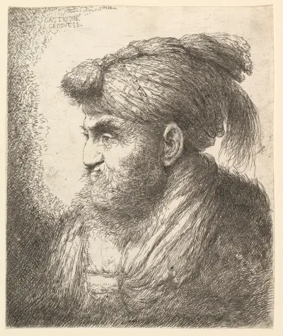 A bearded man wearing a tasseled headdress facing left, from "Heads in Oriental Headdress"