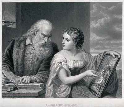 A bearded old man and a young woman representing Philosophy and Art respectively: he points to a book about mechanics and science, while she points to a painting of the Nativity of Christ