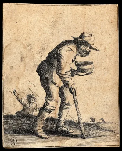 A bearded old man dressed in rags moves with the aid of a stick and carries a bowl in his left hand
