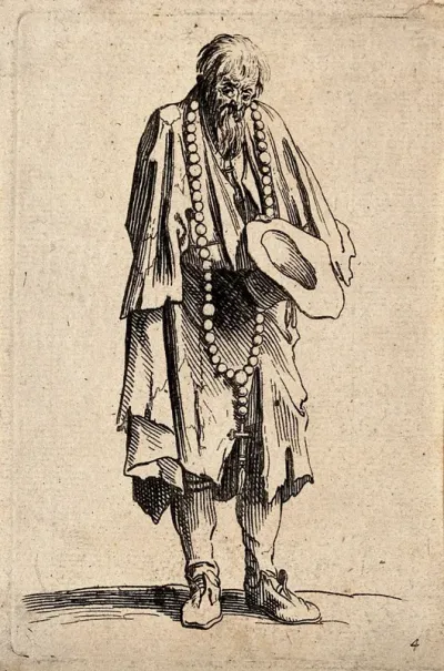A bearded one-armed beggar in ragged clothes wearing a large rosary with a crucifix