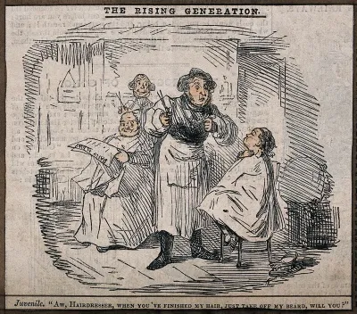 A beardless young man asks his hair-dresser to shave his beard: another hair-dresser and his client look on in amusement