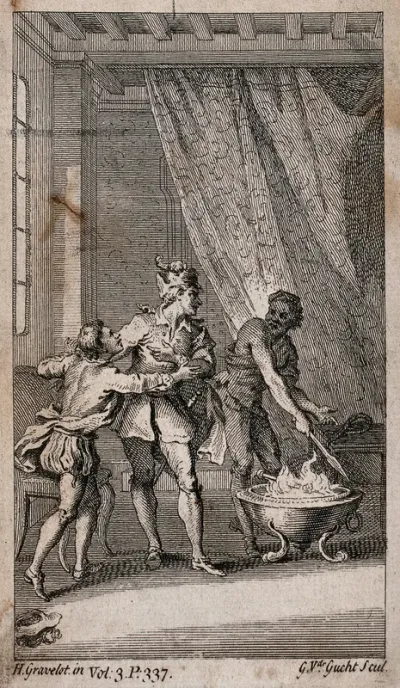 A bedchamber with a man about to be blinded: a fire blazes in a cauldron and a man holds his spear in the fire while another man is restrained