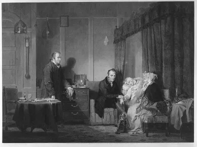 A bedridden sick young woman being examined by a doctor, accompanied by her anxious parents