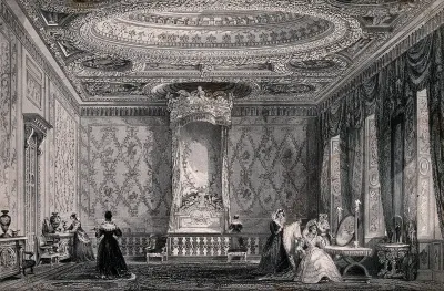 A bedroom in a palace: a queen or noblewoman is sitting at a dressing table being dressed by her maids