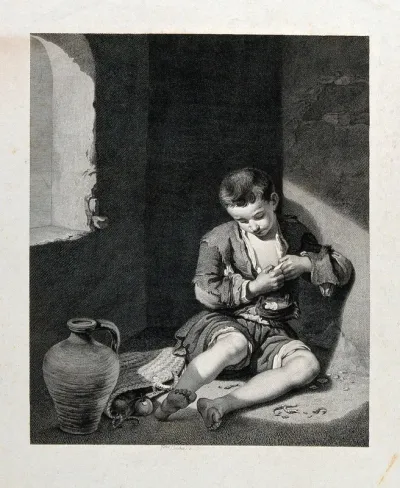 A beggar boy picking a flea from the seam of his shirt