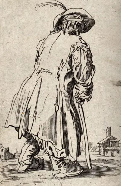 A beggar dressed in rags limping with the aid of a staff towards a village