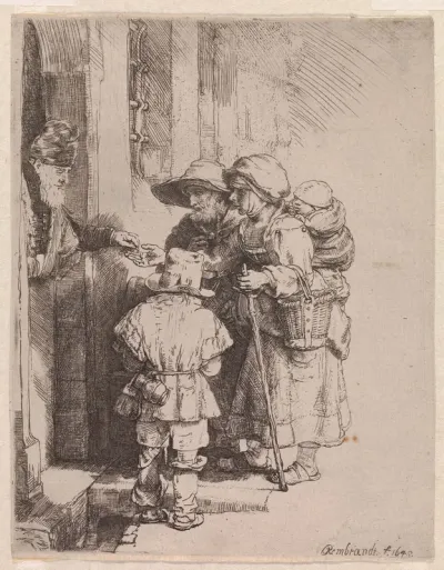 A Beggar Family receiving Alms
