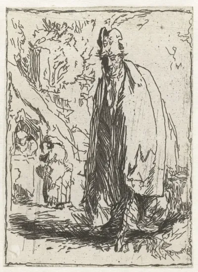 A beggar in a tall hat and long cloak, with a cottage and two figures in the background