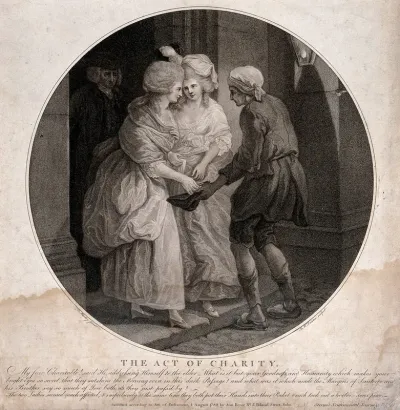 A beggar is standing outside the door of a house, two women on the doorstep are putting money into his outstretched cap