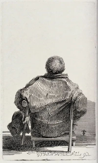 A beggar, probably with two amputated legs, leans on two wooden crutches