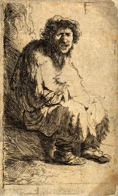 A beggar sitting on a hillock