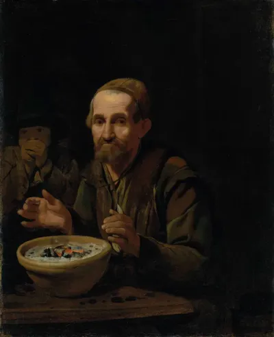 A beggar warming his hands on a pot of coal, with a boy in an interior
