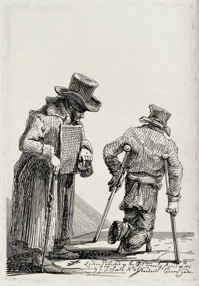 A beggar wearing a placard around his neck checks the contents of his collecting tin while a beggar with two amputated feet moves past with the aid of two crutches and stumps