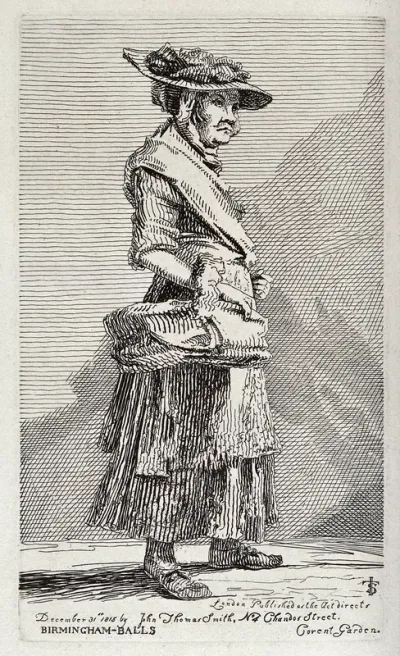 A beggar woman selling wares from a basket in her right hand