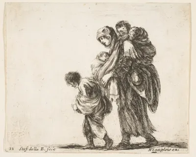 A beggar woman with three children, one child on her shoulders, one child in her arms, and one child who walks in front of her to left, plate 22 from "Diversi capricci"