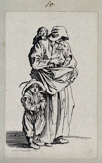 A beggar woman with three children