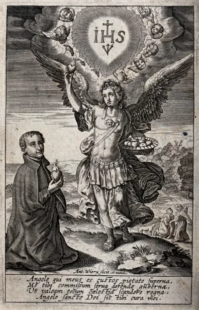 A believer who is holding the Sacred Heart is kneeling before the Archangel Raphael, who presents the Sacred Heart; above Raphael appears the Jesus monogram; behind him the scene of Raphael, Tobias and the fish