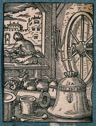 A bell-founder with his stock of bells, mortars, braziers etc