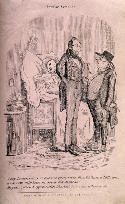 A bemused husband querying a doctor as to how his wife of only six months can have already given birth to a child