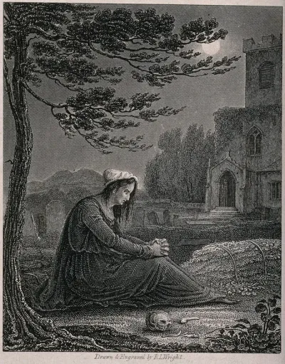 A bereaved mother mourning her dead daughter in a graveyard, stricken with remorse for having treated her harshly in her lifetime