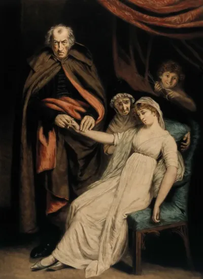 A bewildered doctor checking the pulse of lovesick young woman, her concerned mother comforts her, in the background Cupid is grinning and pointing to one of his arrows