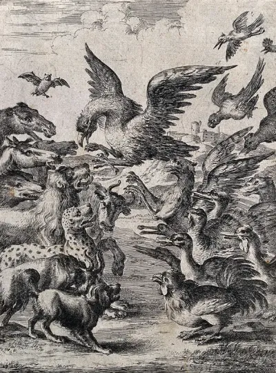 A bird of prey is trying to land among a large crowd of animals; illustration of a fable