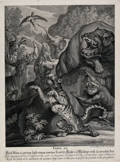 A bird with a long beak is hovering over a crowd of animals displaying their various different features and abilities