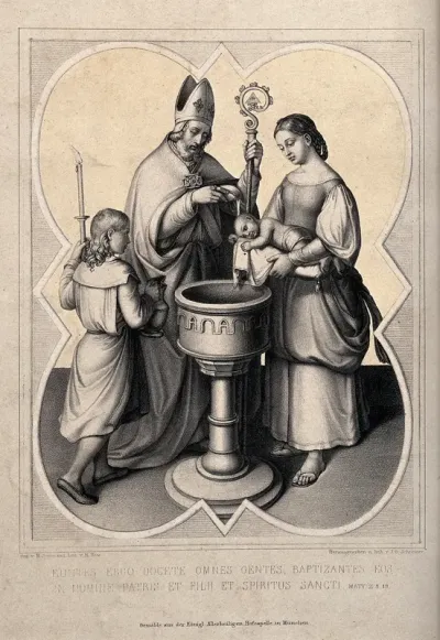 A bishop baptizes a child held by its mother