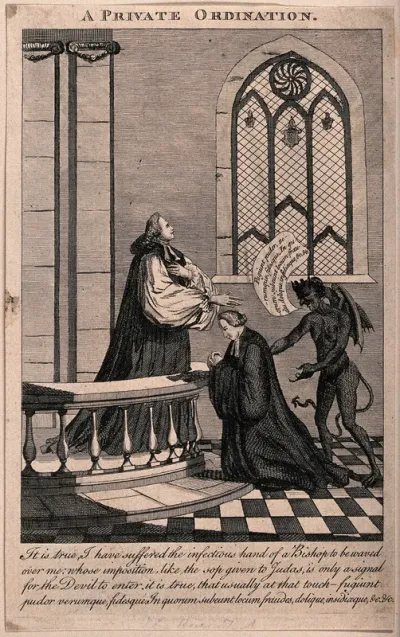 A bishop ordains John Horne Tooke as a priest: the devil replaces the ordinand's virtues with vices
