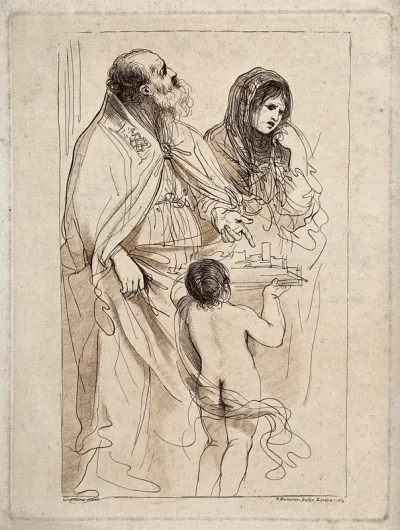 A bishop saint pointing to a model city and other figures