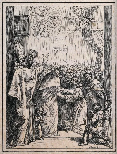 A bishop saint (Saint Nicholas?) with Saint Dominic Guzman (?) greeting two monk saints, surrounded by a crowd of onlookers