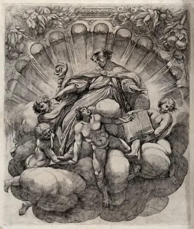 A bishop surrounded by six angels