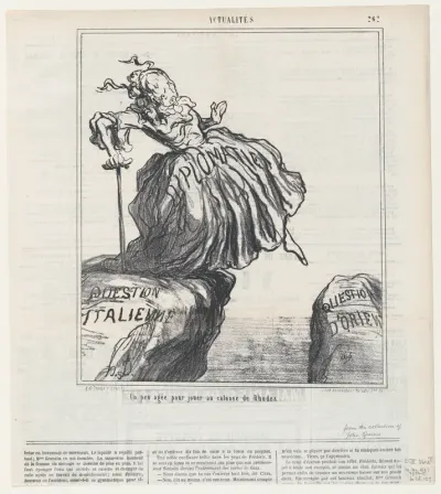 A bit too old to play "Colossus of Rhodes," from 'News of the day,' published in Le Charivari, December 10, 1867