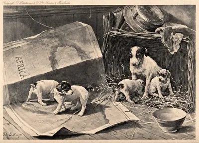 A bitch is sitting in a basket watching her puppies play on a carthographic map on the ground