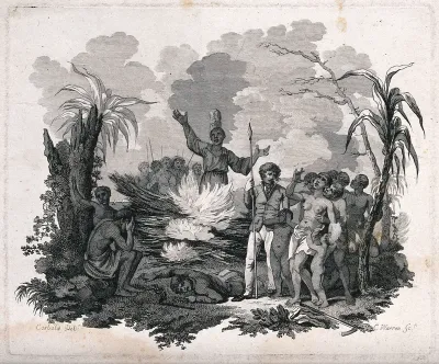 A black man being burned alive: other black people and Europeans look on