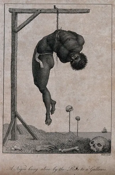 A black man in Surinam hanged at the waist; human bones lie on the ground and skulls are impaled on sticks