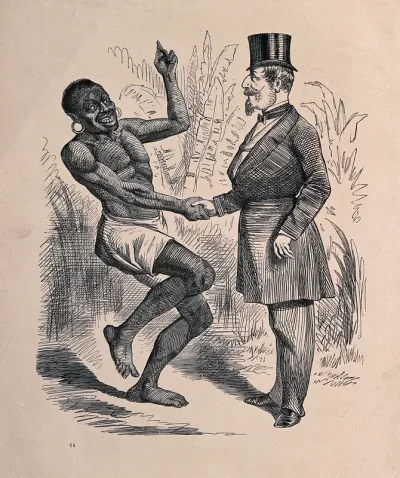 A black man is shaking hands with Napoleon III, thanking him ironically for supporting the freedom of slaves
