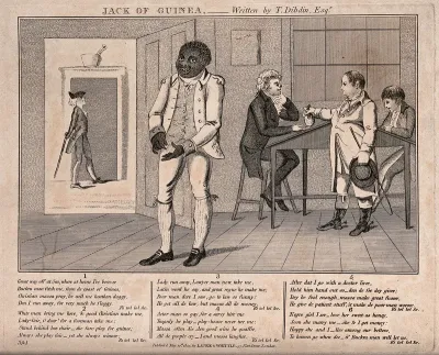 A black man stands in the office of a white lawyer whose servant he is, while across the road is the pharmacy where he had previously been a servant