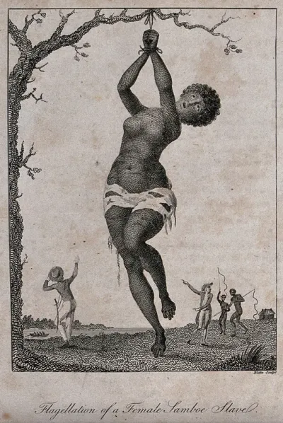 A black woman in Surinam tied to a tree by her wrists as men walk towards her with whips in their hands