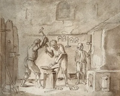 A blacksmith's forge: smiths making horseshoes
