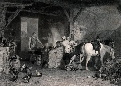 A blacksmith working in his forge, and discussing money with two customers, while a boy shoes a horse