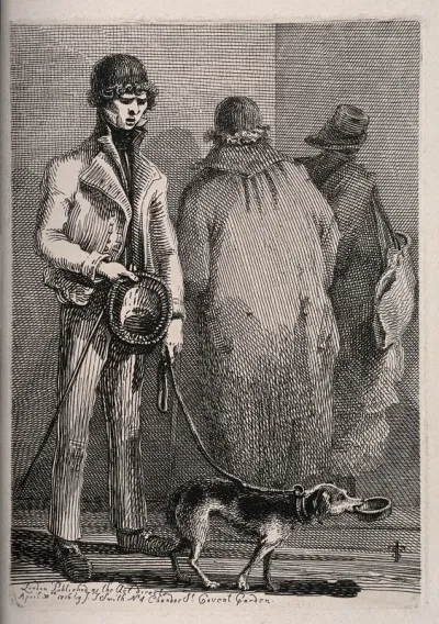 A blind beggar walks past two figures guided by his dog with a begging bowl