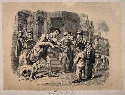 A blind fiddler plays to a mixed age audience, among them a dog which is about to be beaten for howling