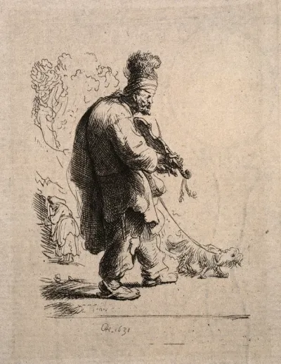 A blind fiddler walks with his dog
