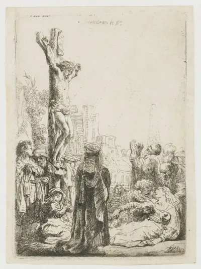 A blind hurdy-gurdy player and family receiving alms