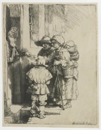 A blind hurdy-gurdy player and family receiving alms